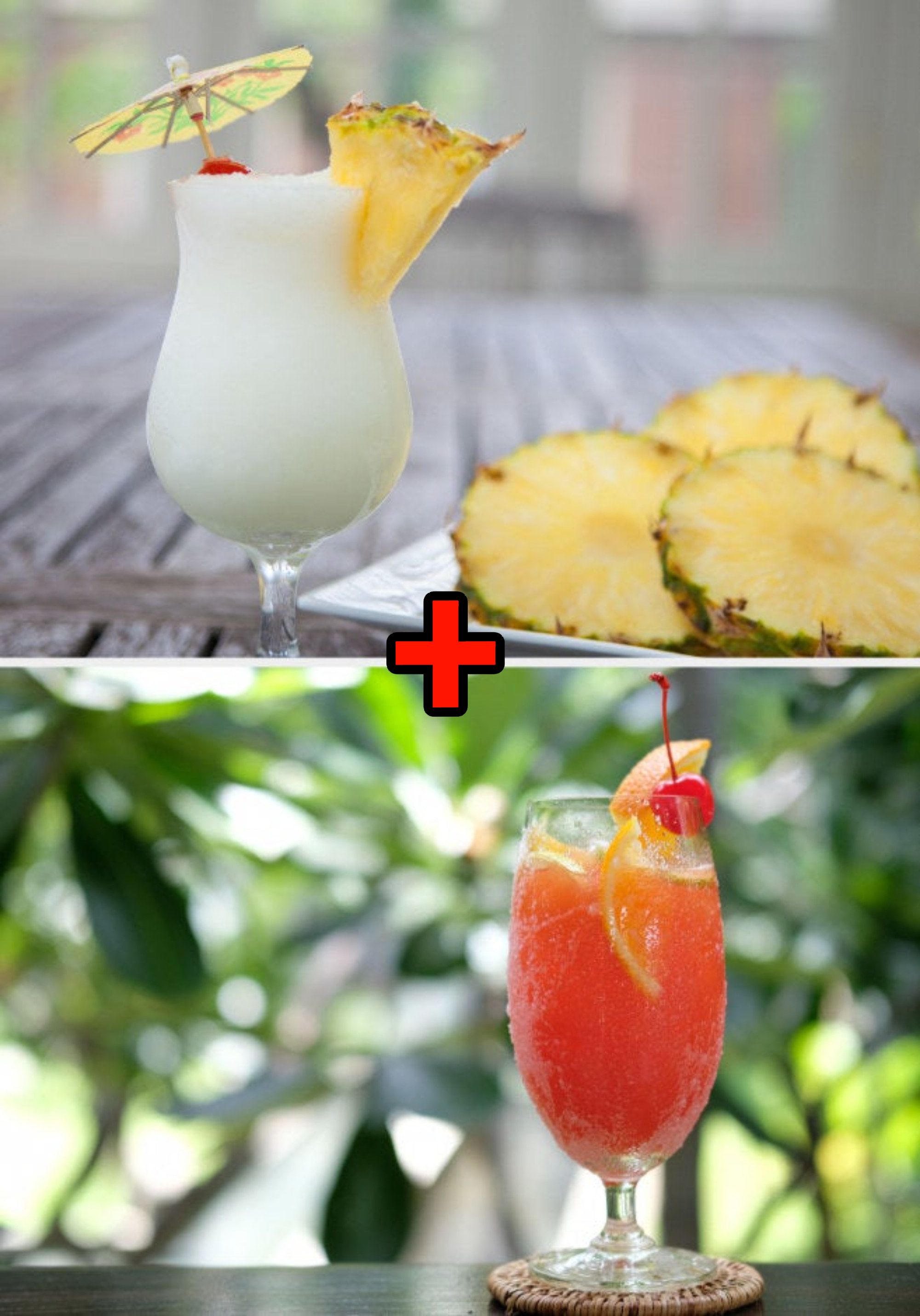 Piña colada drink with pineapple; Rum runner tropical drink with cherry and orange
