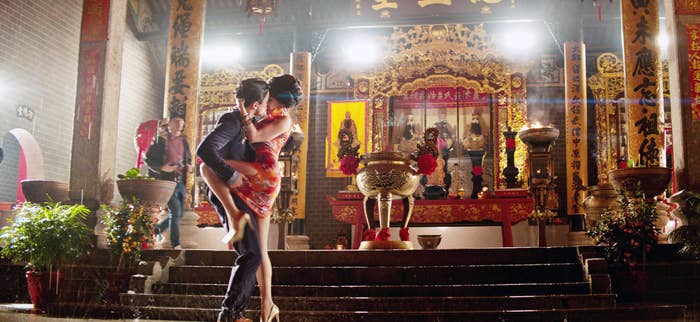 A romantic embrace on set of 2018's "Crazy Rich Asians"