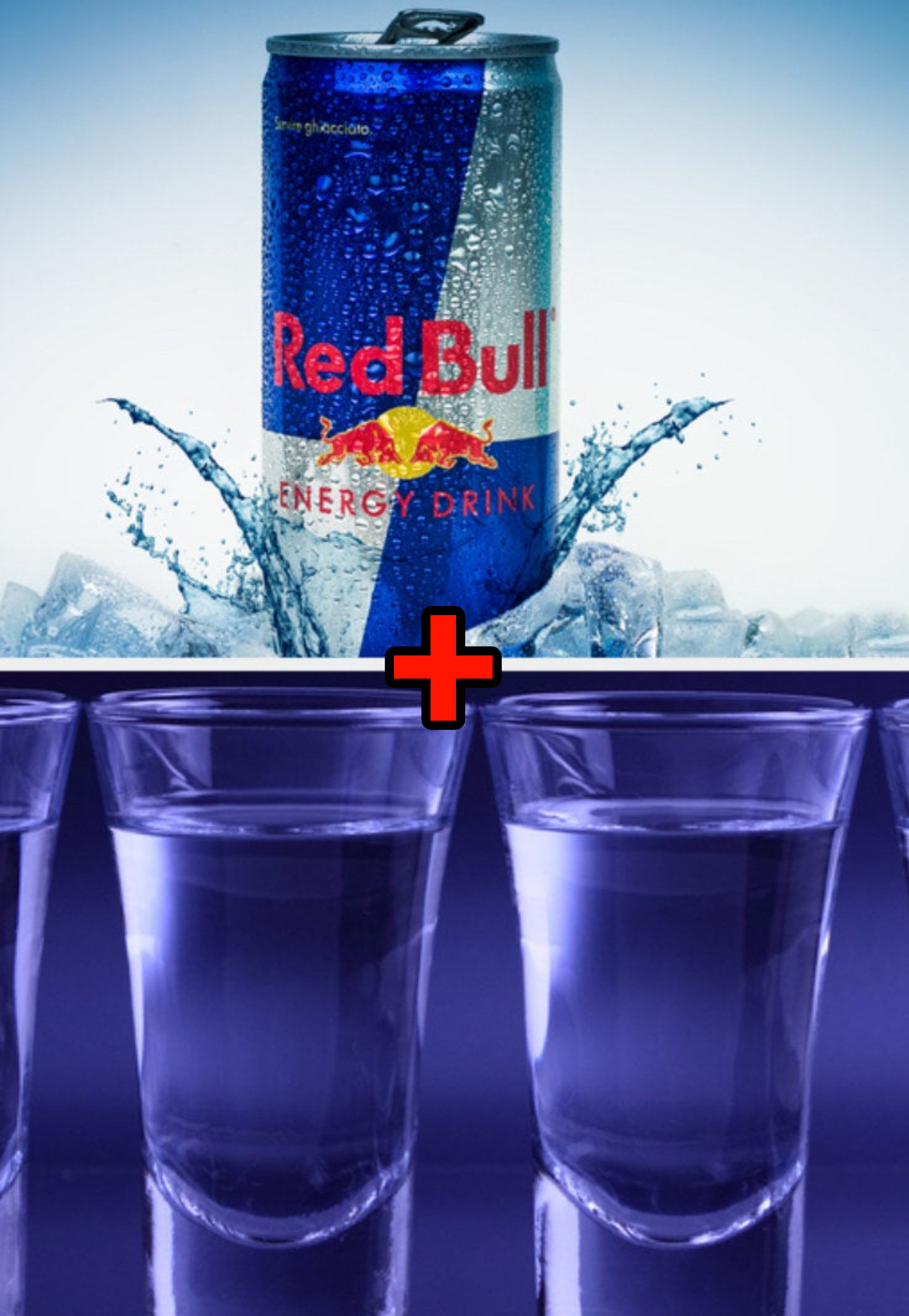 Red Bull energy drink; Two clear shots of vodka