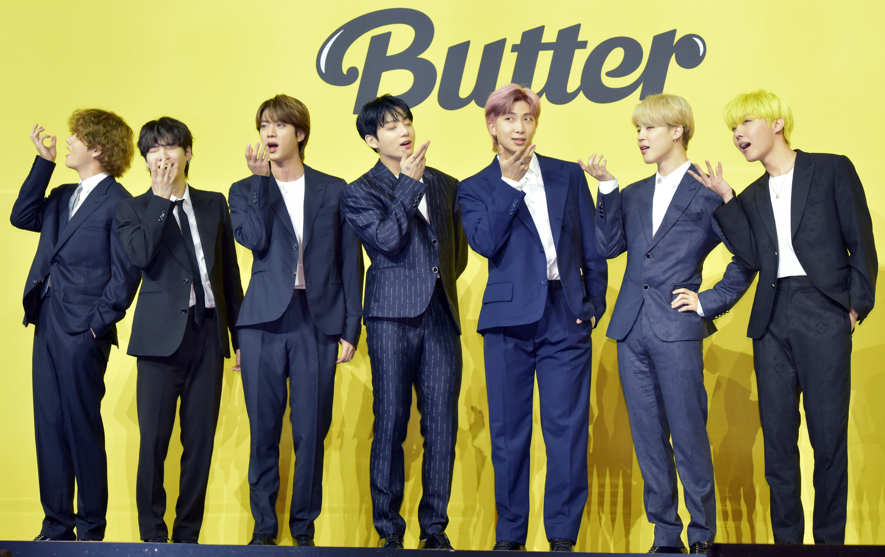 BTS attends a press conference for BTS&#x27;s new digital single &#x27;Butter&#x27; at Olympic Hall