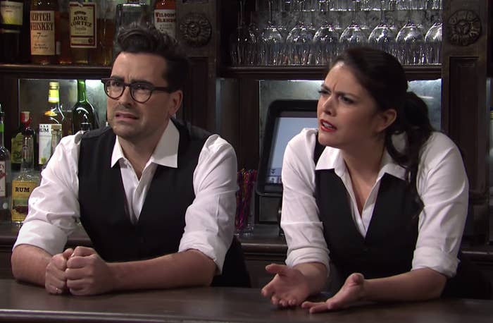 Dan Levy and Cecily Strong playing bartenders in an "SNL" sketch