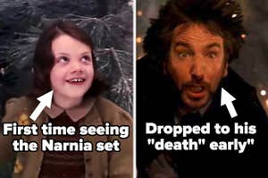 Lucy in Chronicles of Narnia labeled "first time seeing the Narnia set" and Hans in Die Hard about to fall to his death labeled "dropped to his 'death' early"