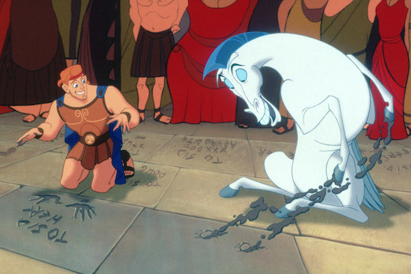 Hercules (voiced by Tate Donovan) putting his hands in cement with Pegasus
