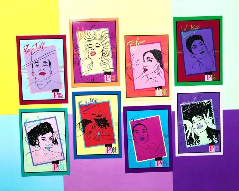 the postcard set which is illustrated in a pop art style. Each card has the face of one cast member. 