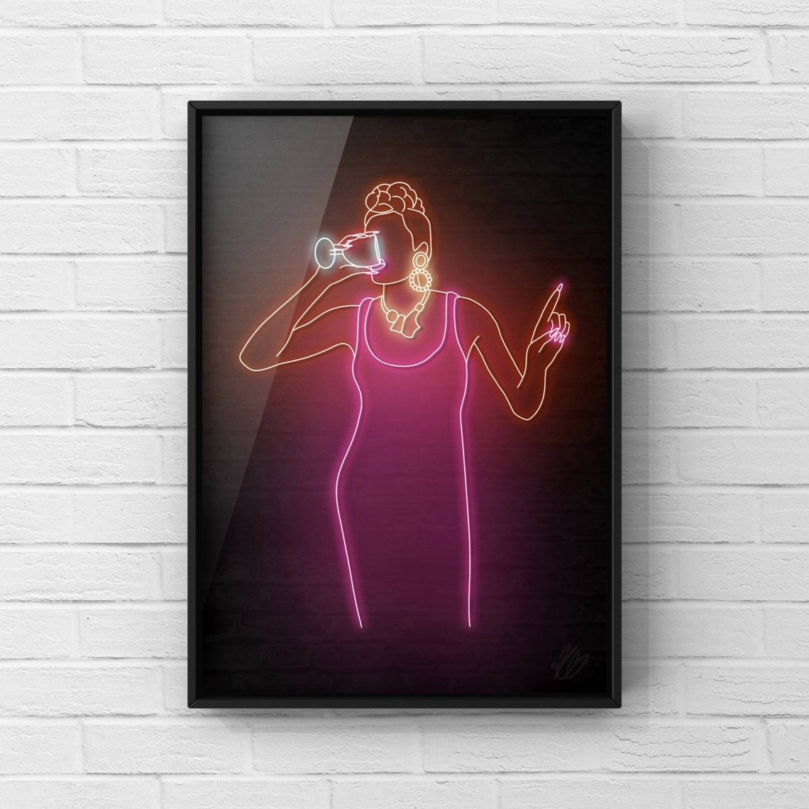 neon print that shows Elektra Abundance sipping from a wine glass and holding up one finger with the other hand signaling everyone else around her to wait as she takes her royal sips. 