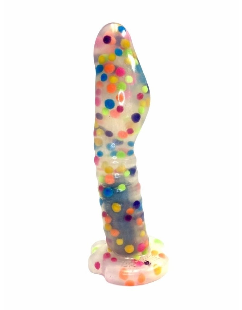Clear silicone dildo filled with colorful confetti dots