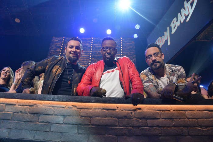 (L to R) Chris Kirkpatrick, Bobby Brown, and AJ McLean at the live taping of "Boy Band"