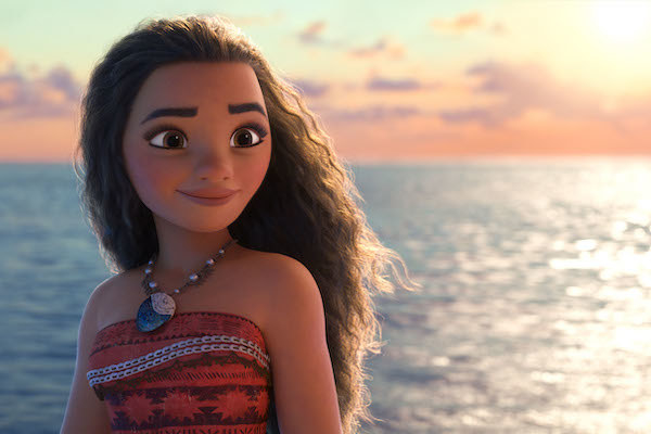 Moana (voiced by Auli&#x27;i Cravalho) happily looks into the distance