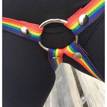 View of o-ring on rainbow harness worn on model