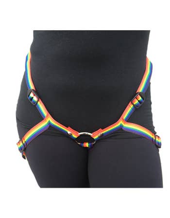 Rainbow harness being worn by model
