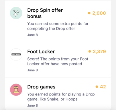 Drop app screen showing my rewards points for my purchase