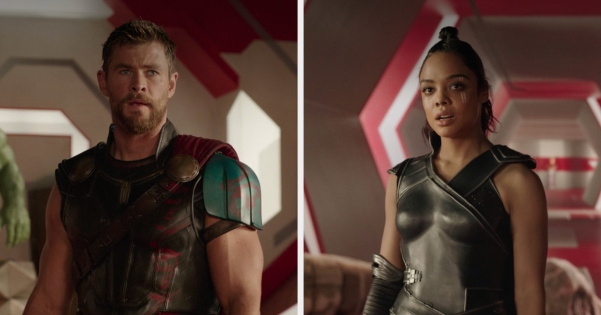 Side by side pictures of Tessa Thompson and Christ Hemsworth from the film