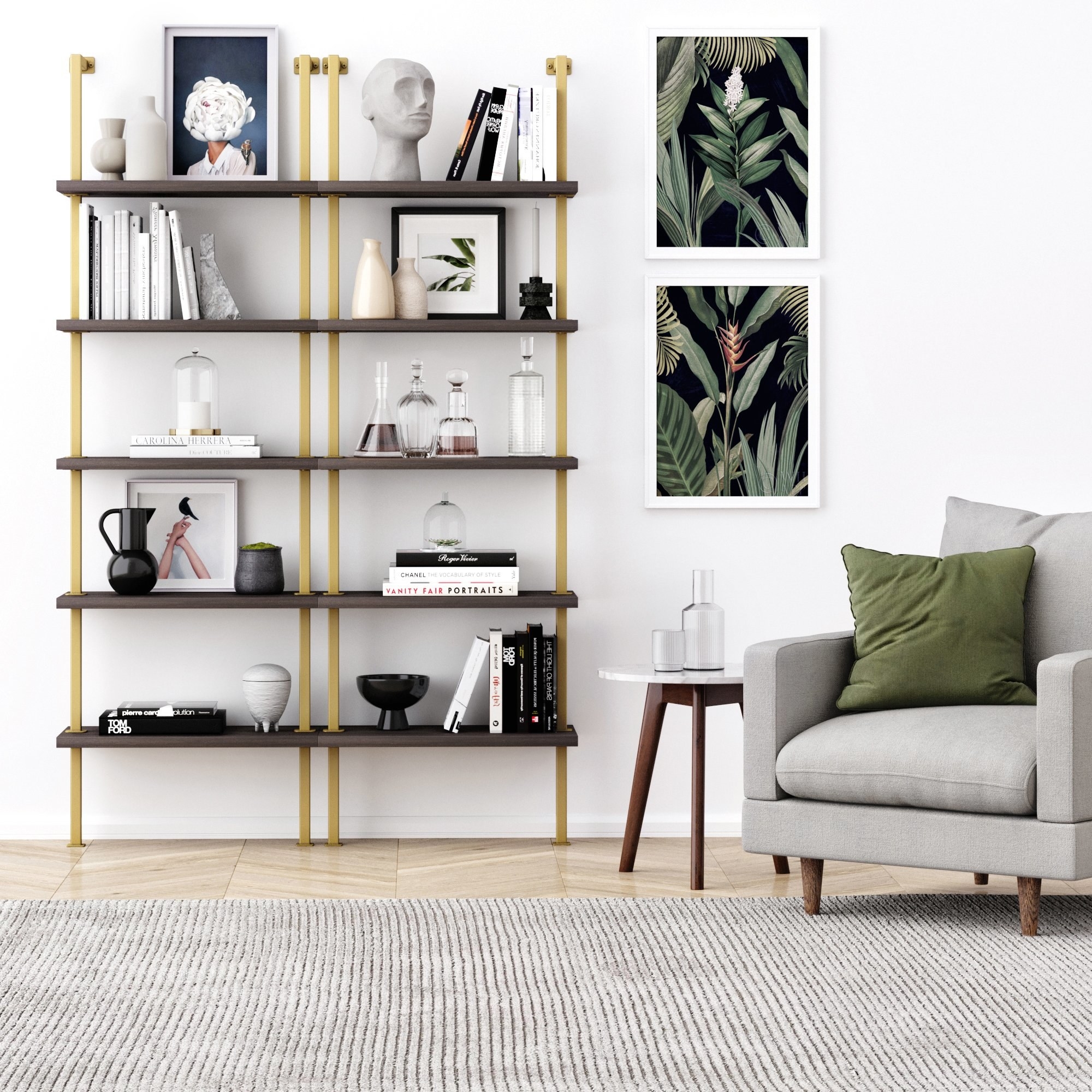 two ladder wall mounted bookcases with wooden shelves and gold frame