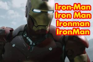 Iron Man with four variations of the spelling of his name