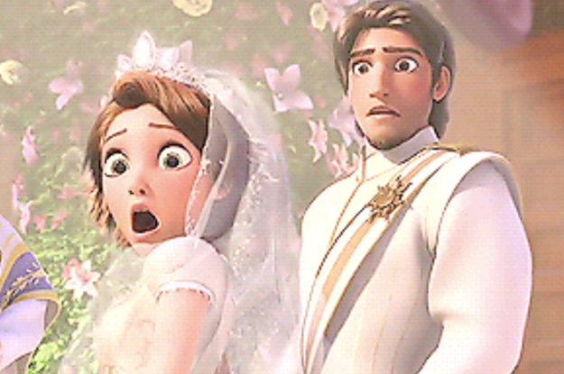 Flynn and Rapunzel look shocked on their wedding day