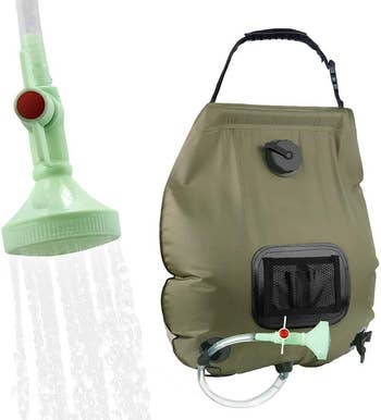 The solar shower bag in green with a removable nozzle 