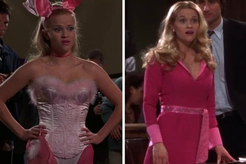 Side by side images of Elle Woods wearing a pink bunny costume and a pink wrap dress