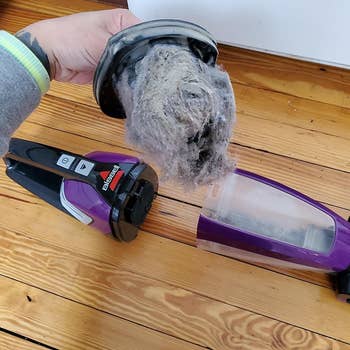 reviewer photo showing the taken apart pet vacuum with the filter full of pet hair