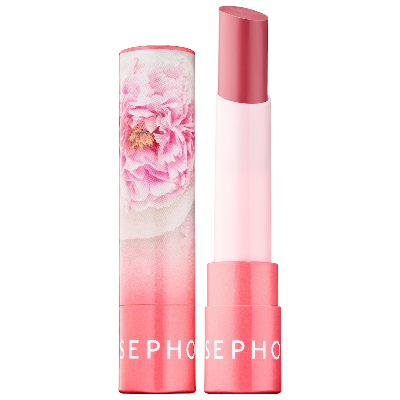 A pink lip balm with flowers