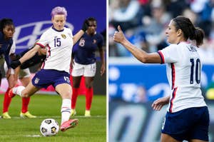 Megan Rapinoe midgame about to kick a soccer ball split with Carli Lloyd midgame giving a thumbs up, copyright Getty Images