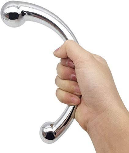Model holding stainless steel curved dildo