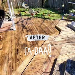 reviewer's clean deck after using a power washer