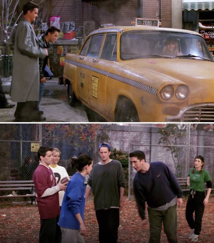 Chandler and Joey getting into Phoebe&#x27;s taxi and the gang playing football