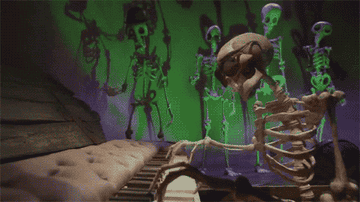 A skeleton playing piano while few skeletons dance in the background