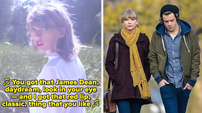 Taylor Swift in her "Style" music video; Swift and Harry Styles walking together in New York City in the early 2010s
