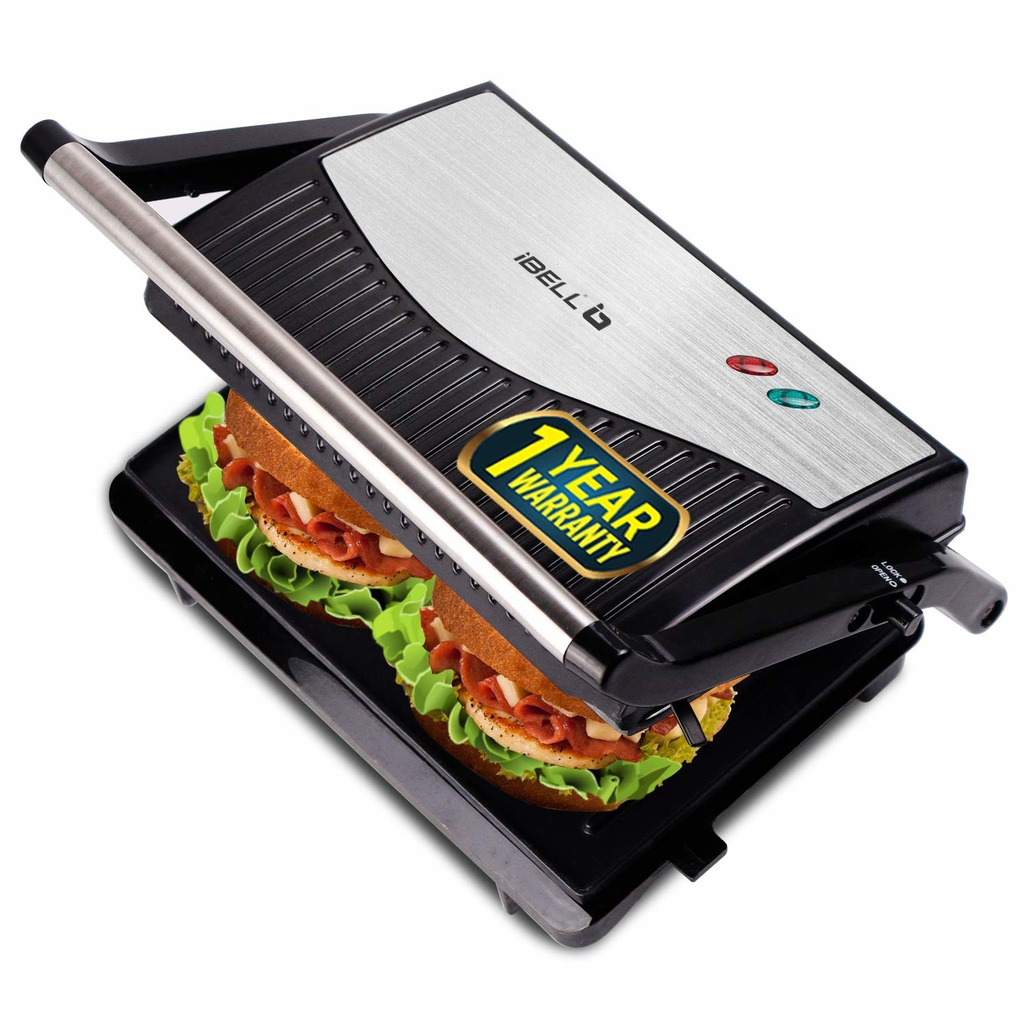 The panini grill with sandwiches in it.