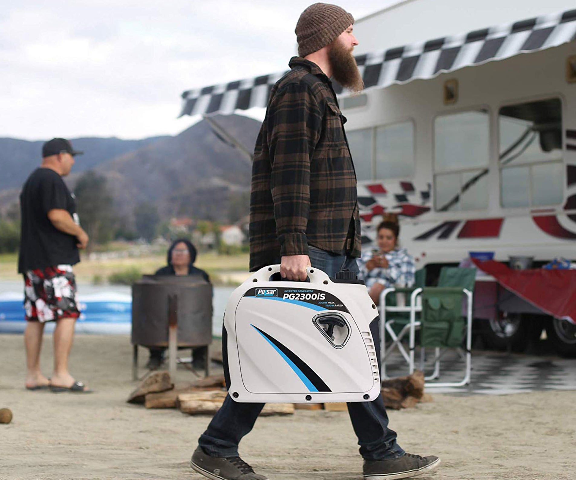 A person carries the generator