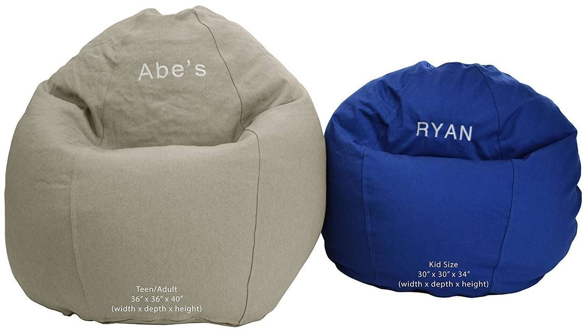 Two bean bag chairs with names on them