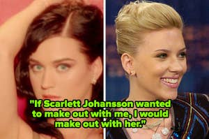 Katy Perry in her "I Kissed a Girl" music video; Scarlett Johansson on Conan O'Brien's talk show in the mid-2000s