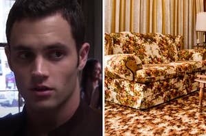 Humphrey from "Gossip Girl" is on the left with a retro style couch on the right