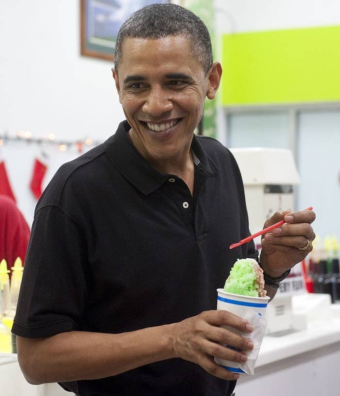Obama eating a shave ice in Hawaii