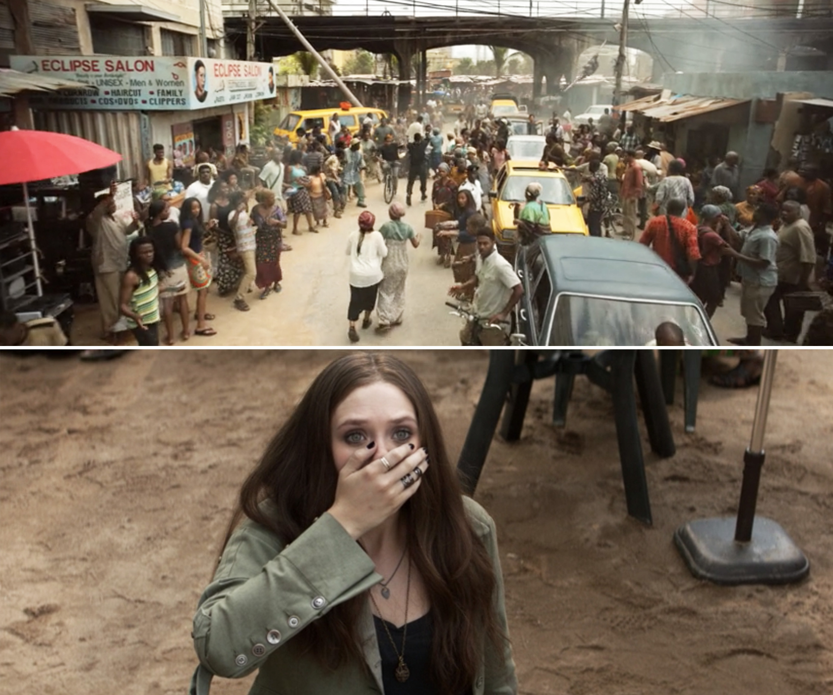 Wanda looking shocked and a Lagos market