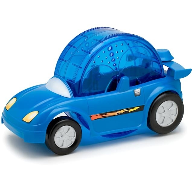 a blue car with a hamster wheel in the middle