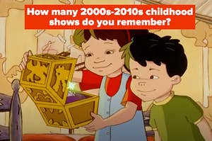 Two kids are holding open a box with a caption that reads: "How many 2000s-2010s childhood shows do you remember?"