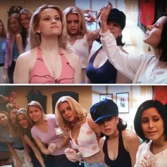 Elle receives a spritz of perfume from Amy while her other friends watch and smile. As Elle leaves, all her friends who have lined up to send her off on her big date eagerly lean to one side so they can see her better