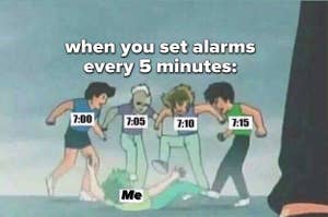 A meme about setting alarms every five minutes showing cartoon kids representing the alarms beating up a kid