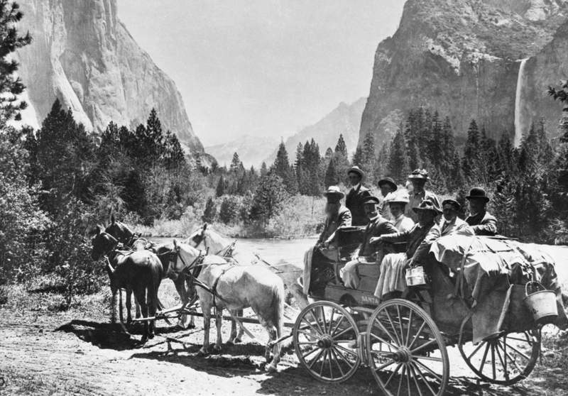 Vintage photo of people in a stagecoach in Yosemite National Park