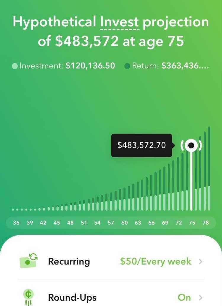 Acorns app showing potential account value at over $400,000 in 40 years