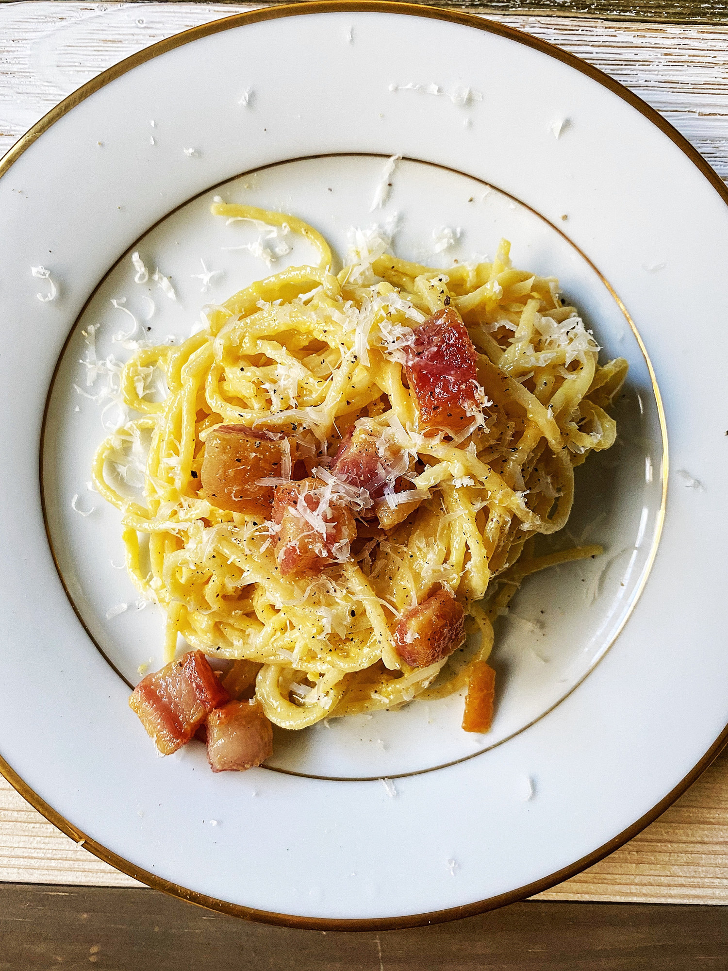 A plate of spaghetti carbonara with pancetta.