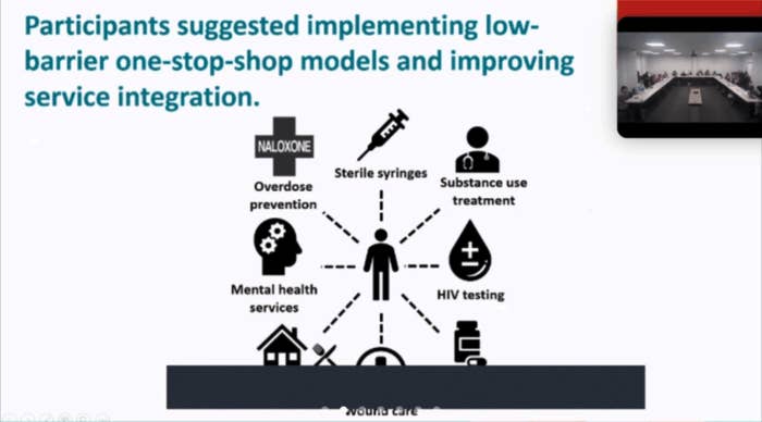 Slide says "Participants suggested implementing low-barrier one-stop-shop models and improving service integration"