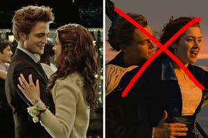 On the left, Bella and Edward from "Twilight" dancing at prom, and on the right, Jack and Rose from "Titanic" standing on the edge of the ship with an x drawn over their faces
