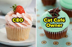 Two cupcakes labeled "CEO" and "Cat Café Owner"