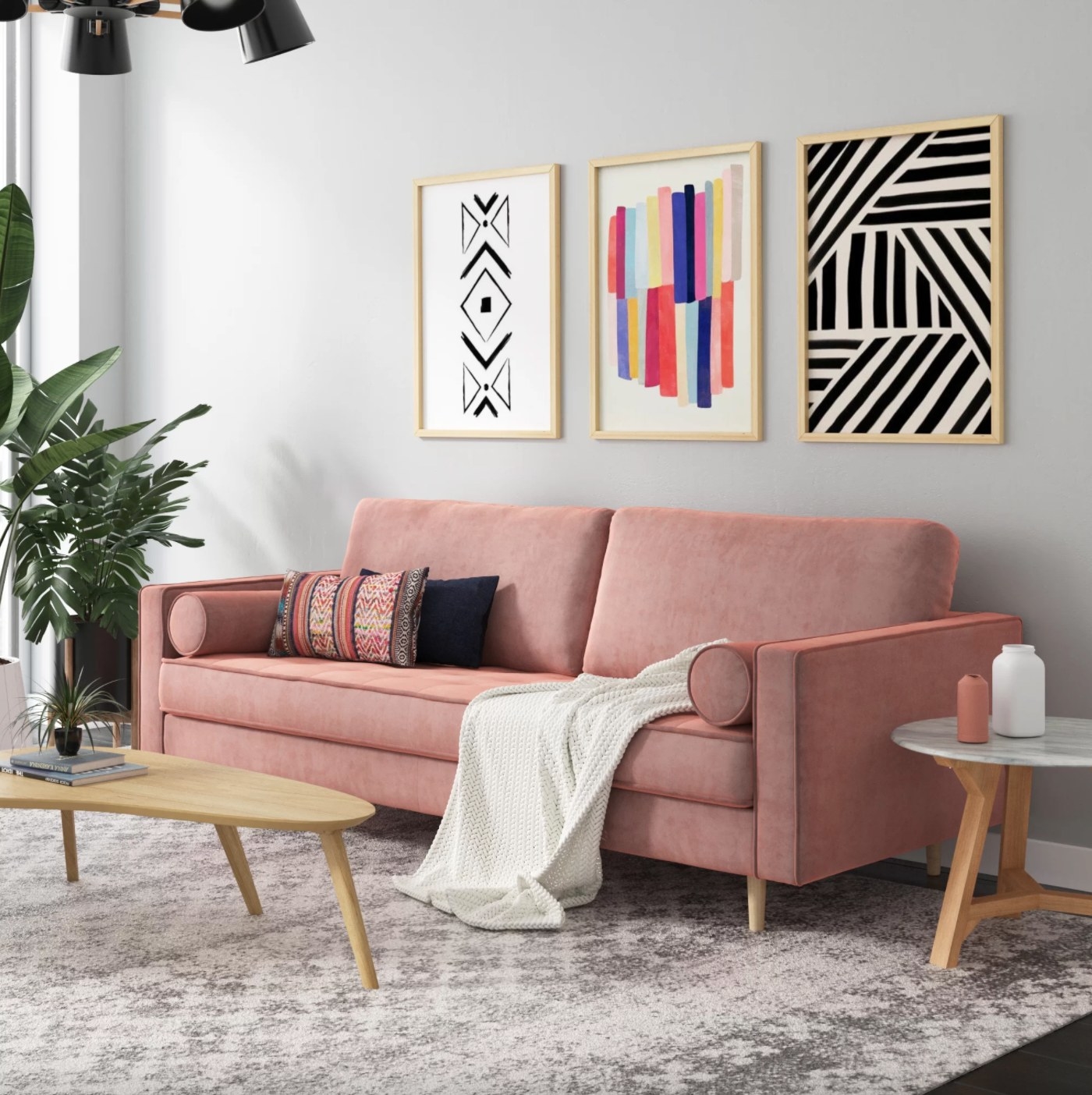 the square arm sofa in blush pink velvet