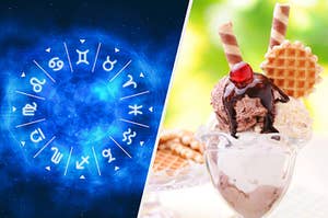 a ice cream sundae next to a zodiac sign