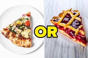 A slice of pizza is on the left with "or" written in the center and a slice of pie on the right