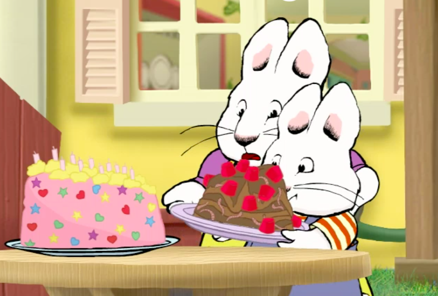 Cartoon bunnies carrying cakes, one yummy and one made of dirt and worms